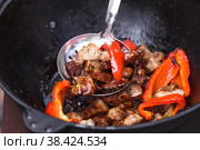 Рецепт приготовления картофеля с мясом и овощами в казане на природе. Приготовление еды. Кулинарные рецепты. Пошаговая фото инструкция по приготовлению. Стоковое фото, фотограф Photojuli / Фотобанк Лори