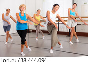 Group of active women practicing energetic dance in a studio. Стоковое фото, фотограф Яков Филимонов / Фотобанк Лори