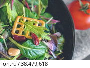 Salad diet for weight correction from the leaves of Lollo Rosso lettuce, watercress salad and other green herbs with tomatoes, olives and fitaki. Стоковое фото, фотограф Оксана Медведева / Фотобанк Лори