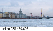 Исторический центр Санкт-Петербурга, Россия. Красивый зимний городской пейзаж. Вид на здание Кунсткамеры, ростральную колонну и Петропавловский собор. Льдины на Неве. Редакционное фото, фотограф Андрей Степанов / Фотобанк Лори
