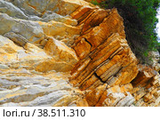 Flysch is a series of marine sedimentary rocks that are predominantly clastic in origin and are characterized by the alternation of several lithological layers. Balkans, Montenegro Herceg Novi Meljine. Стоковое фото, фотограф Юлия Петровская / Фотобанк Лори