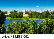 Красивый вид на Новгородский кремль (Новгородский детинец) со стороны реки Волхов. Лето, солнечный день. Великий Новгород. Россия (2022 год). Стоковое фото, фотограф E. O. / Фотобанк Лори