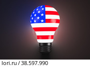 Светящаяся лампочка стилизованная в стиле американского флага. Геополитическая тематика. Стоковое фото, фотограф Happyphotons / Фотобанк Лори