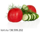 Isolated fresh vegetables. Sliced cucumbers and tomatoes with dill , salad components, isolated on a white background. Стоковое фото, фотограф Светлана Качанова / Фотобанк Лори