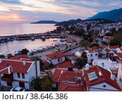 Aerial view of coastal area and marina of Kas during sundown, Turkey. Стоковое фото, фотограф Яков Филимонов / Фотобанк Лори