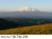 Amazing view of caucasian snow mountain or volcano Elbrus from Bermamyt plateau with green flower fields in fog, blue sky background. Elbrus landscape view - the highest peak of Russia and Europe. Стоковое фото, фотограф Евгений / Фотобанк Лори