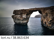 Sea view to Azure window natural arch, now vanished, Gozo island, Malta (2016 год). Стоковое фото, фотограф Сергей Майоров / Фотобанк Лори