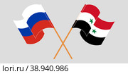 Скрещенные и развевающиеся флаги России и Сирии. Стоковая иллюстрация, иллюстратор Олег Безруков / Фотобанк Лори