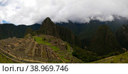 Aerial Panoramic view to Machu Picchu archaeological site and Huayna Picchu mountain , Cuzco, Peru (2018 год). Стоковое фото, фотограф Сергей Майоров / Фотобанк Лори