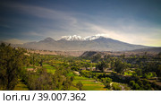 Panoramic view to Chachani mountain and Arequipa city from Yanahuara viewpoint, Arequipa, Peru (2018 год). Стоковое фото, фотограф Сергей Майоров / Фотобанк Лори