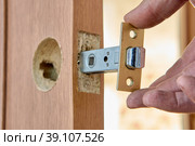 Installing door latch in slot of interior door. Стоковое фото, фотограф Владимир Григорьев / Фотобанк Лори