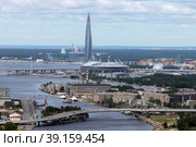 Санкт-Петербург. Вид с высоты птичьего полёта на Мост Бетанкура, Петровский и Крестовский острова, Стадион "Зенит-Арена" и Лахта-центр. (2020 год). Редакционное фото, фотограф Александр Тарасенков / Фотобанк Лори