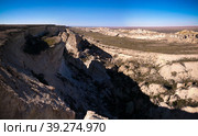 Panorama view to Aral sea from the rim of Plateau Ustyurt at sunset , Karakalpakstan, Uzbekistan (2017 год). Стоковое фото, фотограф Сергей Майоров / Фотобанк Лори