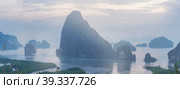 Rocks in the water landscape, Fog and morning dawn panorama of the beautiful scenery of the mountains and the sea with the sky from the observation point Samet Nangshe in Thailand (2023 год). Стоковое фото, фотограф Владимир Разгуляев / Фотобанк Лори