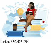 Афроамериканская девушка с книгой в руках сидит на больших книгах. Концепция автора книги. Стоковая иллюстрация, иллюстратор Юлия Мелешина / Фотобанк Лори