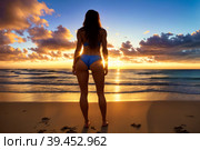 Rear shot of beautiful young woman relaxing on sunny beach at tropical seashore with palm trees and white sand. It's not a real existing person, fully AI generated picture, without any reference. Стоковое AI-изображение, AI-художник Сергей Старуш / Фотобанк Лори