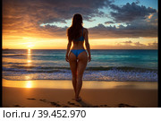 Rear shot of beautiful young woman relaxing on sunny beach at tropical seashore with palm trees and white sand. It's not a real existing person, fully AI generated picture, without any reference. Стоковое AI-изображение, AI-художник Сергей Старуш / Фотобанк Лори
