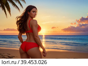 Rear shot of beautiful young woman relaxing on sunny beach at tropical seashore with palm trees and white sand. It's not a real existing person, fully AI generated picture, without any reference. Стоковое AI-изображение, AI-художник Сергей Старуш / Фотобанк Лори
