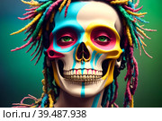 Painted human skull with colorful dreads, flowers and paint spashes, AI generated. Стоковое AI-изображение, AI-художник Сергей Старуш / Фотобанк Лори