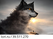 Beautiful northern landscape with giant wolf looking at you, warg Fenrir, AI generated. Стоковое AI-изображение, AI-художник Сергей Старуш / Фотобанк Лори