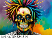 Painted human skull with colorful dreads, flowers and paint spashes, AI generated. Стоковое AI-изображение, AI-художник Сергей Старуш / Фотобанк Лори