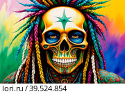 Painted human skull with colorful dreads, flowers and paint spashes, AI generated. Стоковое AI-изображение, AI-художник Сергей Старуш / Фотобанк Лори