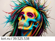 Painted human skull with colorful dreads, flowers and paint spashes, AI generated. Стоковое AI-изображение, AI-художник Сергей Старуш / Фотобанк Лори