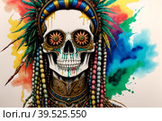 Painted human skull with colorful dreads, flowers and paint spashes, AI generated. Стоковое AI-изображение, AI-художник Сергей Старуш / Фотобанк Лори