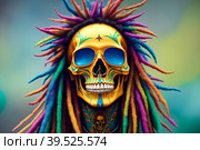 Painted human skull with colorful dreads, flowers and paint spashes, AI generated. Стоковое AI-изображение, AI-художник Сергей Старуш / Фотобанк Лори