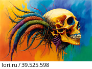 Painted human skull with colorful dreads, flowers and paint spashes, AI generated. Стоковое AI-изображение, AI-художник Сергей Старуш / Фотобанк Лори