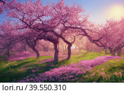 Essence of spring's arrival in all its glory. Against the backdrop  peaceful park, sunrise casts a warm glow over the lush green landscape. star show, however, are the beautiful red lilac blooms. Стоковое AI-изображение, AI-художник Владимир Разгуляев / Фотобанк Лори