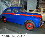 Советская милицейская машина "Победа" ГАЗ-М20В, 1956 г., МКПП, 3-ступенчатая, 52 л.с., 105 км ч, СССР. Музей автомобильной техники. Верхняя Пышма, Россия, сентябрь 2020. Редакционное фото, фотограф Сергей Елизарьев / Фотобанк Лори