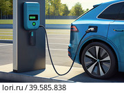 Electric car that is being charged with electricity at a gas station. Future motor transport, which is moving towards more sustainable eco-friendly alternative  traditional gasoline-powered vehicles. Стоковое AI-изображение, AI-художник Владимир Разгуляев / Фотобанк Лори