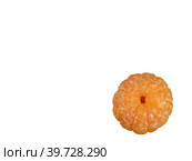 Peeled mandarin bottom right against white background. Copy spac. Стоковое фото, фотограф Сергей Долгов / Фотобанк Лори