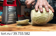 Мужские руки мелко нарезают капусту на кухонной доске. Приготовление пищи дома. Стоковое видео, видеограф Ярославский Максим / Фотобанк Лори