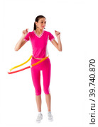 Young pretty woman in sport suit with hula hoop. Стоковое фото, фотограф Сергей Буторин / Фотобанк Лори