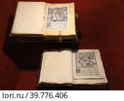 Старинные книги, "Песть песний Царя Соломона", напечатанные Франциском Скориной. Внутренняя экспозиция музея белорусского книгопечатания. Полоцк. Белоруссия. (2023 год). Редакционное фото, фотограф Мария Фетисова / Фотобанк Лори