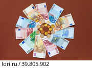 Flat lay of euro banknotes of different denominations and euro cents coins in center. Financial business background. Concept of payment for services, social payments, market, loans, economy, inflation. Top view, closeup. Стоковое фото, фотограф Виктория Катьянова / Фотобанк Лори