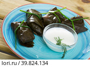 Grape rolls in leaves at plate with sour cream, dish of Bulgarian cuisine. Стоковое фото, фотограф Яков Филимонов / Фотобанк Лори