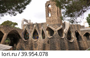 Crypt of Colonia Guell, modernist architectural masterpiece designed by famous architect Antoni Gaudi. Major tourist attractions of Catalonia. Стоковое видео, видеограф Яков Филимонов / Фотобанк Лори
