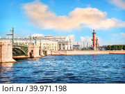 Ростральные колонны и здание Биржи и Дворцовый мост через Неву, Санкт-Петербург (2017 год). Стоковое фото, фотограф Baturina Yuliya / Фотобанк Лори