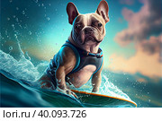 Adorable french bulldog in swimm suit, floating on a surfboard in the big waves. Стоковая иллюстрация, иллюстратор Zakharova Natasha / Фотобанк Лори