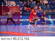 Гандбольный матч предварительного этапа Olimpbet Суперлиги 2022/23 между женскими командами ЦСКА (Москва. Россия) и «Астраханочка» (Астрахань. Россия). Стадион «Динамо» (2023 год). Редакционное фото, фотограф Pukhov K / Фотобанк Лори