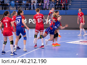 Карина Сабирова (25) в  гандбольном матче предварительного этапа Olimpbet Суперлиги 2022/23 между женскими командами ЦСКА (Москва. Россия) и «Астраханочка» (Астрахань. Россия). Стадион «Динамо» (2023 год). Редакционное фото, фотограф Pukhov K / Фотобанк Лори
