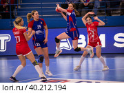 Полина Горшкова (3) в  гандбольном матче предварительного этапа Olimpbet Суперлиги 2022/23 между женскими командами ЦСКА (Москва. Россия) и «Астраханочка» (Астрахань. Россия). Стадион «Динамо» (2023 год). Редакционное фото, фотограф Pukhov K / Фотобанк Лори