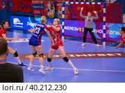 Гандбольный матч предварительного этапа Olimpbet Суперлиги 2022/23 между женскими командами ЦСКА (Москва. Россия) и «Астраханочка» (Астрахань. Россия). Стадион «Динамо» (2023 год). Редакционное фото, фотограф Pukhov K / Фотобанк Лори