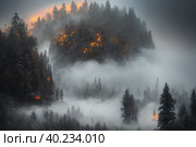 Beautiful frozen northern landscape at sunset during bliszard, AI generated. Стоковое AI-изображение, AI-художник Сергей Старуш / Фотобанк Лори