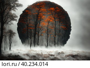 Beautiful frozen northern landscape at sunset during bliszard, AI generated. Стоковое AI-изображение, AI-художник Сергей Старуш / Фотобанк Лори