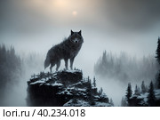 Beautiful northern landscape with giant wolf, warg Fenrir, AI generated. Стоковое AI-изображение, AI-художник Сергей Старуш / Фотобанк Лори
