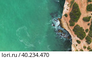 High Angle Aerial View Sandy Beach Line And Cliff Coastline With Grotto. Стоковое видео, видеограф Кирилл Трифонов / Фотобанк Лори
